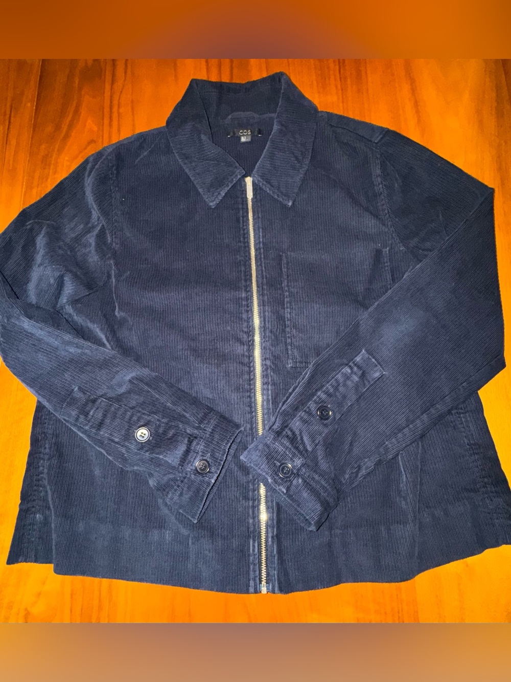 COS Cropped Navy Blue Corduroy Lightweight Zippered Jacket, Size 8
